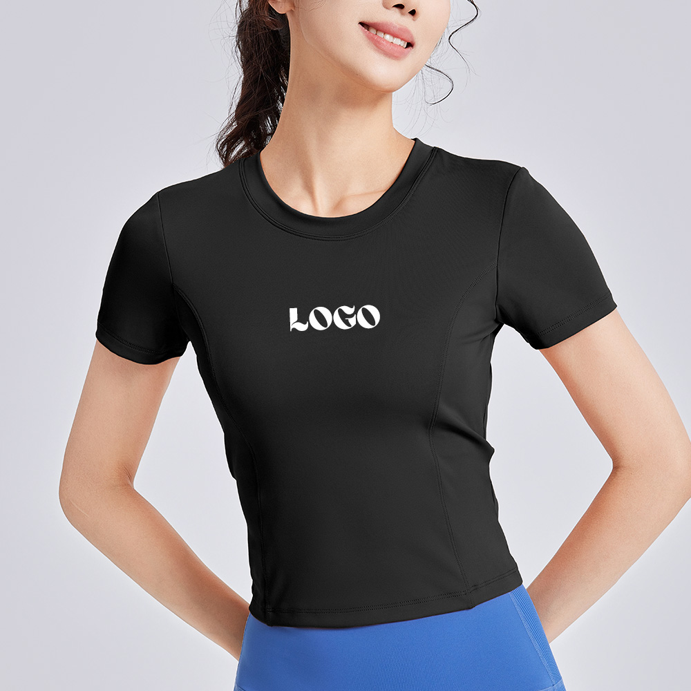 OEM Wholesale Custom Women's Yoga Top Quick Dry Gym Active Built-in Padded Cups Cutout Ruched Back Short Sleeve Cropped T-Shirts