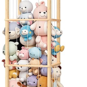 Wooden Plush Toy <b>Storage</b> Rack Solid Wood Floor Standing <b>Large</b> Capacity Kids Organizer Rectangle Shape Off White - Product Image 1