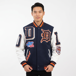 Blouson universitaire unisexe Detroit bleu marine et blanc avec patchs lettres brodés, double boutonnage, col montant, pour l'hiver - Product Image 1
