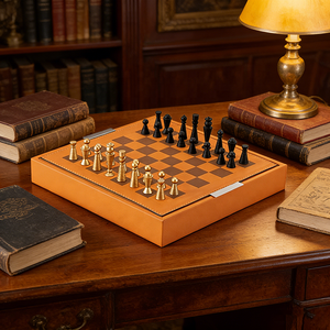 Jeu d'échecs en aluminium noir et or avec plateau en cuir pour la décoration de la maison et les cadeaux - Product Image 6