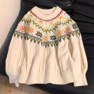 Suéter Fair Isle para mujer, color blanco roto, cuello redondo, tejido holgado, otoño invierno, patrón geométrico, suéter de algodón - Product Image 1