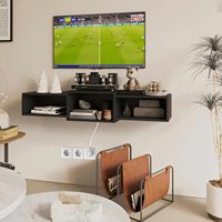 Console multimédia noire avec prises électriques, étagère murale flottante en bois pour téléviseur, meuble de rangement avec éclairage RGB