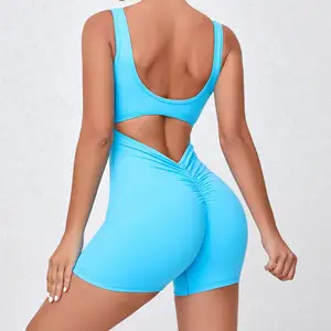 Dames S-XL Effen Kleuren U Rug Uitgeholde Sexy Fitness Compressie Playsuits 2024 Custom Eendelig Scrunch Butt Dance Bodysuit