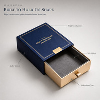 Maßgefertigte Marineblaue Schubladengeschenkbox mit Goldfolien-Rahmen-Deckel Graues Weiches Futter Schiebeauszug für Schmuckverpackungen