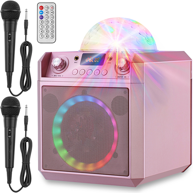 Karaoke Machine with 2 Wired Microphones for Kids 6" Big Party Speaker for 5.3 RGB LED Disco Light Mobile Phone Compatible
