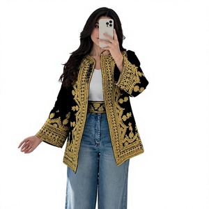 Cárdigan de terciopelo negro bordado con patrón dorado, chaqueta holgada con mangas farol para mujer, ropa informal para todas las estaciones - Product Image 1