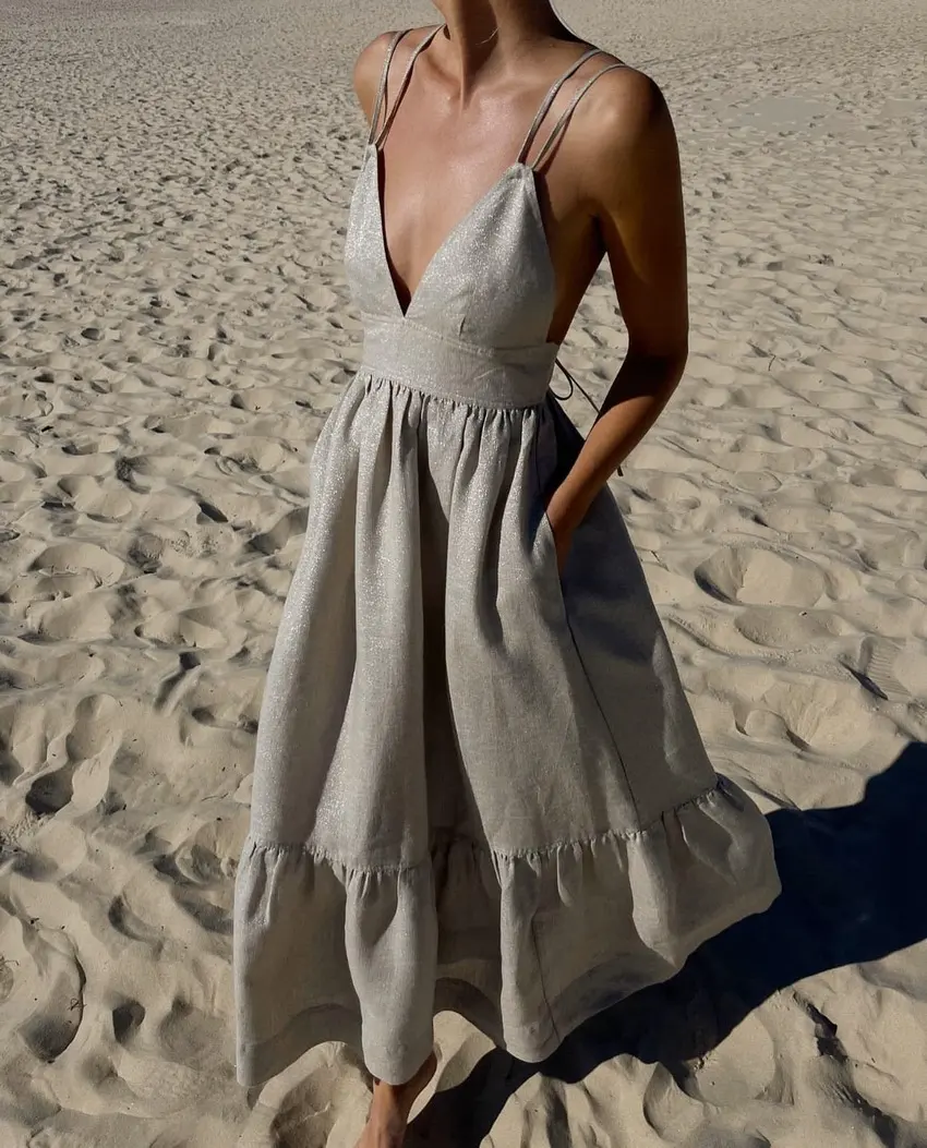 2023 Summer Women Deep V-neck Cotton Casual Dress Beach Bohemian Maxi Dress Ladies Spaghetti Strap Summer Boho Sundress Vestidos