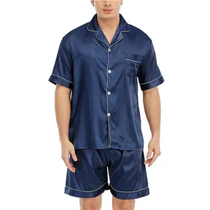 Satin Pajamas Men Short Sleeve Sleepwear 2 Pieces Loungewear With Shorts Custom Button Front Men Slik Pajamas Set
