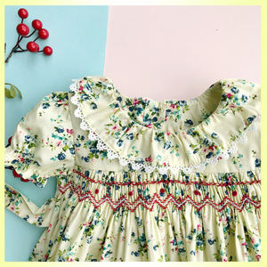 Fatto a mano di Promozione verde Rotto Fiore 100% Cotone Affumicato del Vestito Per La Ragazza 1-3 Anni con nastro di seta in back - Product Image 4