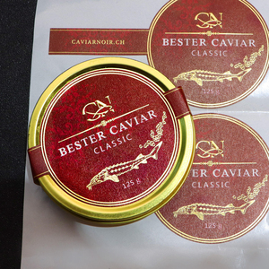 Étiquettes personnalisées en papier artistique holographique rouge durable avec dorure à chaud pour l'emballage du caviar, des aliments pour animaux et des collations - Product Image 3
