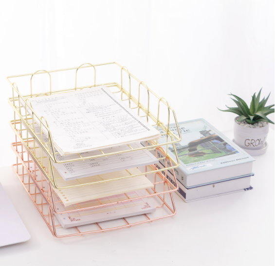 Rose Gold Color Trays File Rack Metal Wrought Storage Basket Desk Organizer Holder Rack File Document Tray