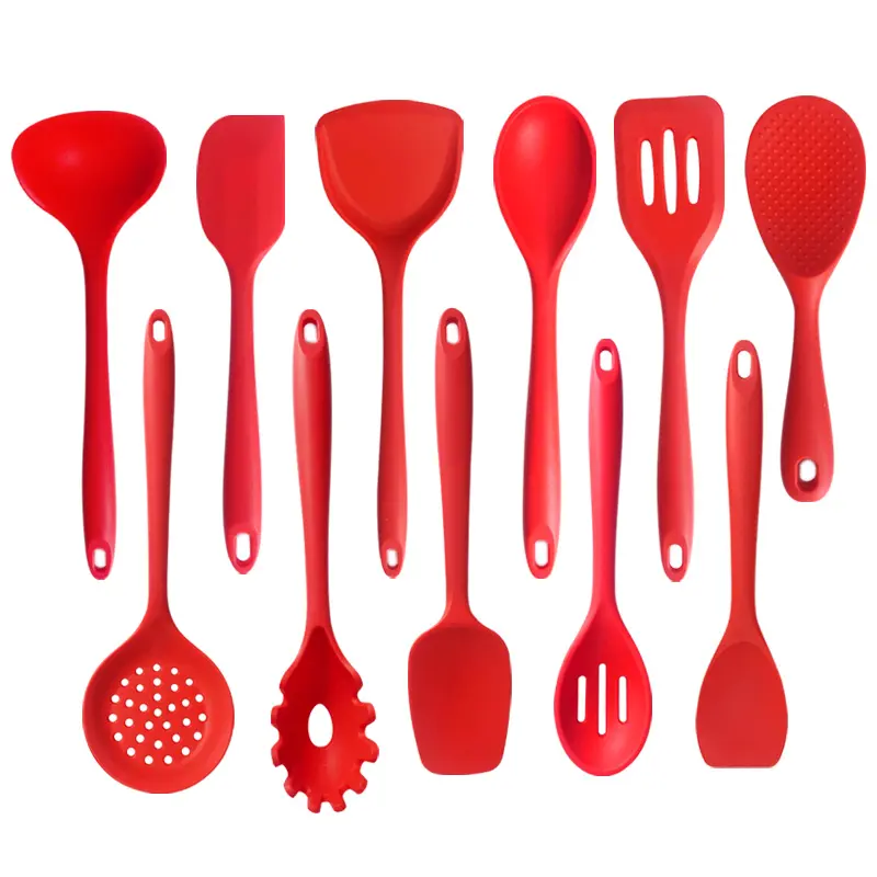Accessoires de cuisine de qualité alimentaire, ustensiles de cuisine en silicone rouge résistant à la chaleur avec poignée souple 11 pièces