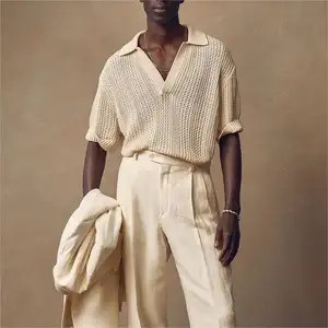 Camisa masculina casual de renda jacquard de crochê de malha de algodão de verão de mangas curtas 2024 fornecedor