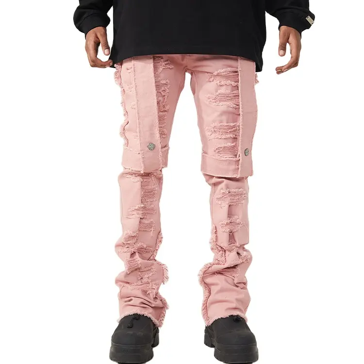 Wholesale stacked raw edge custom men's multi flap pockets distressed pink denim jeans with straps