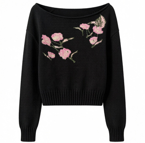 Maglione Pullover da Donna <span class=keywords><strong>con</strong></span> Spalle Scoperte e Motivo Floreale Intarsiato 2027 - Product Image 4