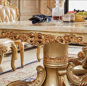 Châu Âu Sang Trọng Cổ Điển Phòng Ăn Đồ Nội Thất Bàn Ghế Đặt Hoàng Gia Khắc Gỗ Khung Bằng Đá Cẩm Thạch Bàn Ăn Với 6 Ghế Da - Product Image 5