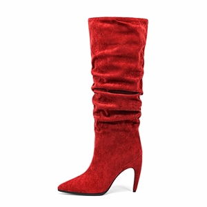 Mode femme Sexy <span class=keywords><strong>botte</strong></span> bout pointu talon haut dames plissé Faux <span class=keywords><strong>daim</strong></span> fétiche genou bottes hautes - Product Image 3