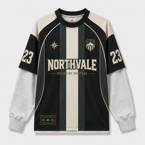 Maillots de football superposés style universitaire vintage personnalisés avec impression par sublimation intégrale et graphiques de logo - Product Image 1