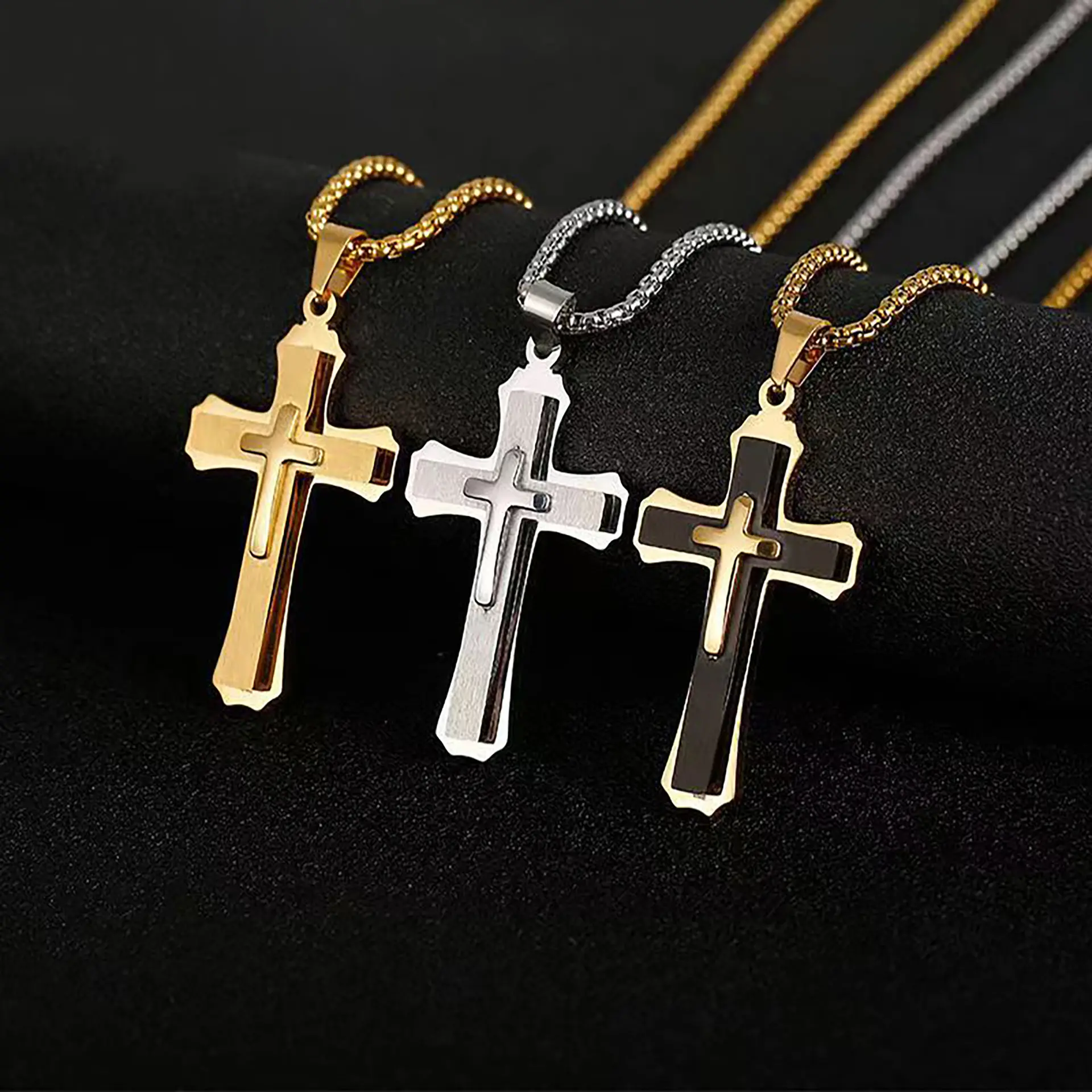 Big Titanium Steel Cross Pendant Necklace for Men Teen Boys Jewelry Three Layers Jesus Cross Crucifix Necklaces with Box Chain