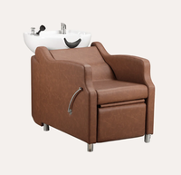 Fauteuil de lavage professionnel en cuir PVC marron avec bac en céramique, station de lavage de cheveux, mobilier de salon