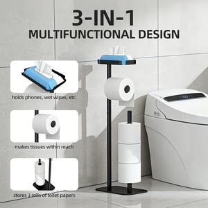 Portarrollos de papel higiénico móvil sin pared con bandeja para teléfono y soporte para rollo de pañuelos para baño - Product Image 4