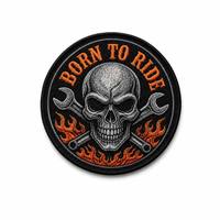 En gros, Patch de motard Born to Ride Skull Morale Flame Wrench, rond, noir et orange, brodé, pour gilet, veste, sac