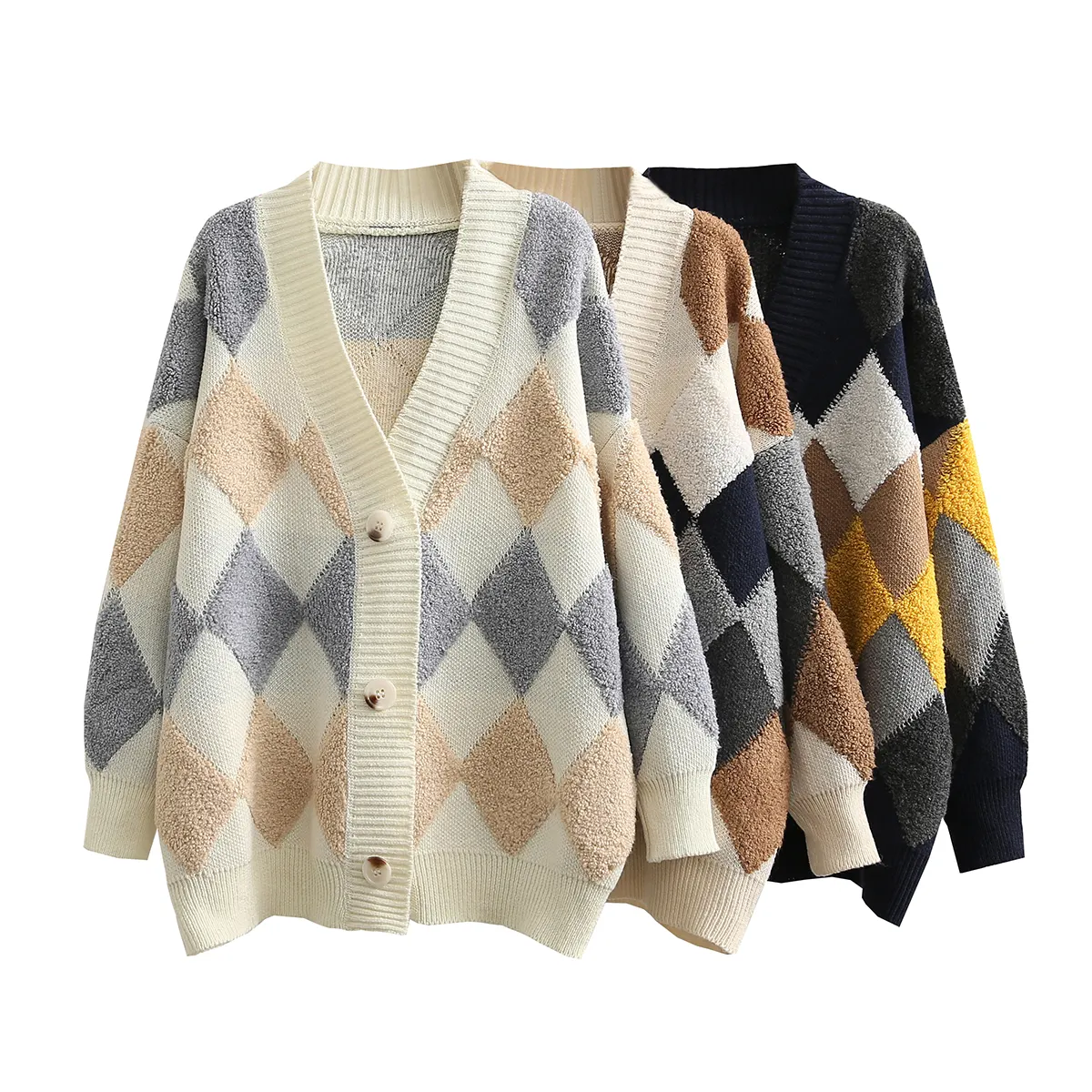 3 colorway multi color v neck single breasted long sleeve casual fashion women cardigan sweater