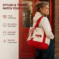 Sac fourre-tout en toile color block inspiré du K-Pop, avec double poche avant, broderie, sac à main pour fans, pendentif tissé - Grande Vente