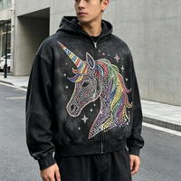 Vente en gros de vêtements OEM : Sweat à capuche zippé en coton premium, coupe ample, délavage vintage, style streetwear, effet délavé soleil, fantaisie strass, Y2K