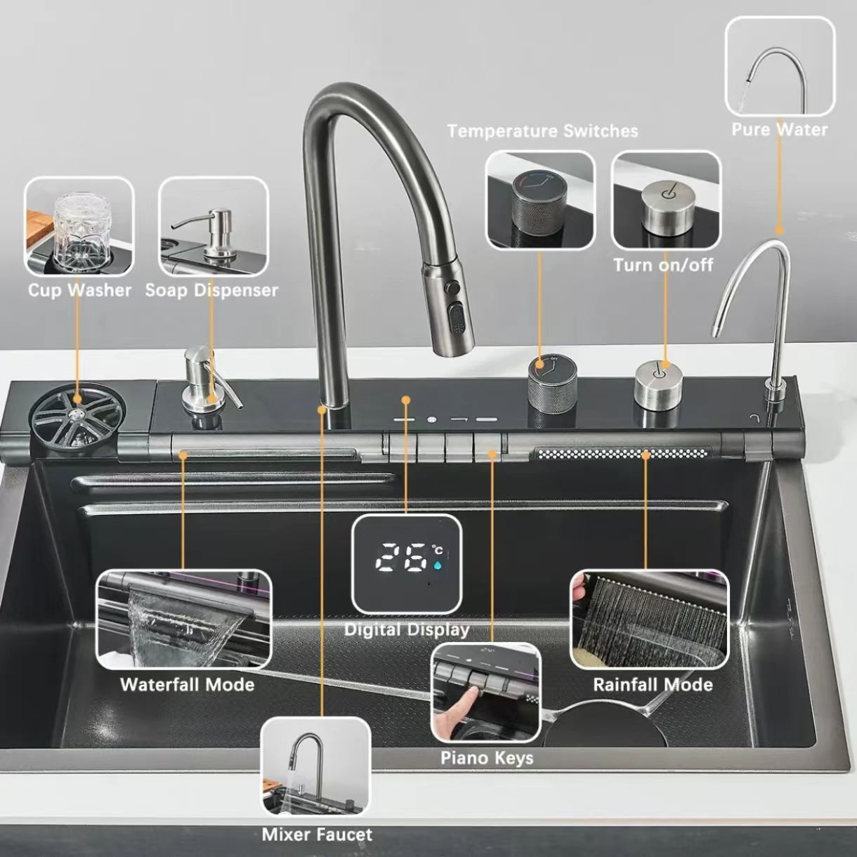 Smart Kitchen Sink with High Pressure Cup Washer Waterfall Faucet DigitalTemperature Display Nano Gray Workstation Sink · image 2