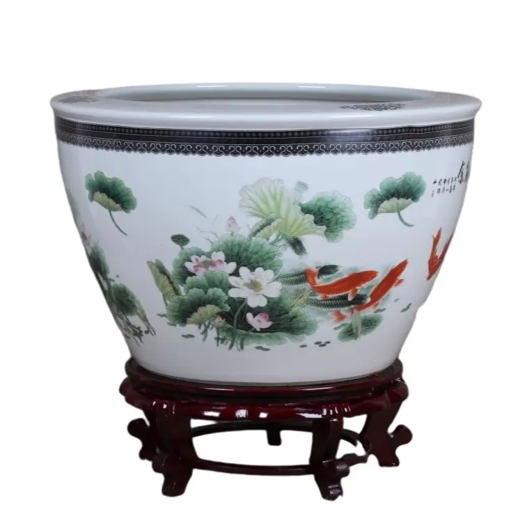 Maceta de cerámica artificial hecha a mano para decoración de jardín, diseño de peces pintados a mano, chino, para el hogar