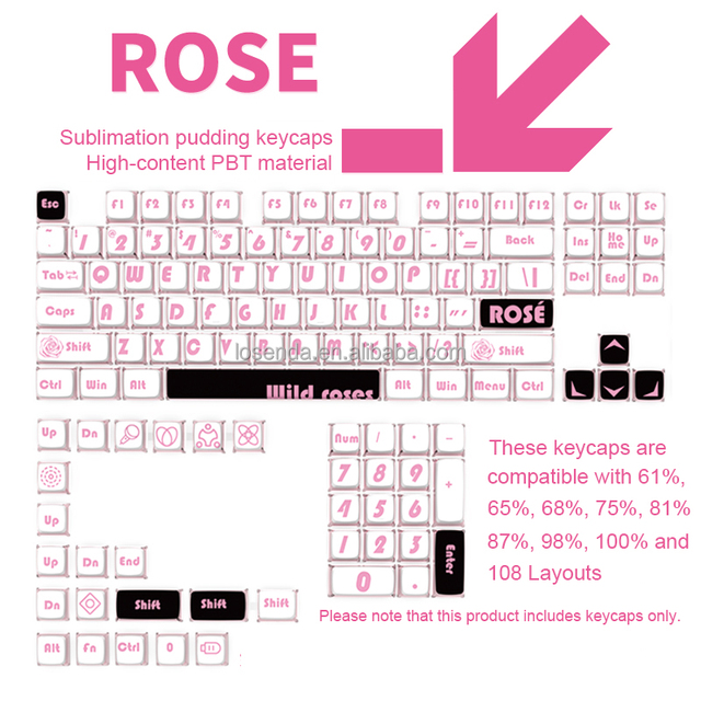 Pudding Rose PBT Mechanical Gaming Keycaps 125 Keys Shine Through OEM Profile for MX-stem Switches Keyboard Caps
