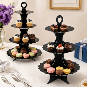 Dekorasi Meja Pesta Pernikahan Ulang Tahun yang Unik, Rak Cupcake 3 Tingkat, Rak Pajangan Kue, Penyangga Pajangan Dessert dari Karton Hitam - Product Image 3