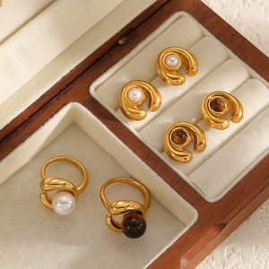 Geometric <b>Gold</b> Tone <b>Ring</b> And Earrings <b>Set</b> With Pearl And Amber Inlay Stainless Steel Jewelry Gift For Women - Product Image 1