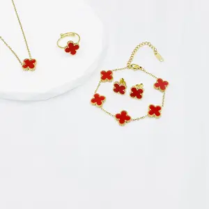 Fashion 4pcs Four Leaf Clover Jewelry Set High Quality 4 Clover 18K Real Gold Plated Necklace Earring Jewelry Set For Girl Gift