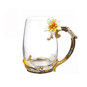 诺什曼独特设计创意精美珐琅百合3d水晶玻璃花370毫升饮水杯工艺品完美礼品