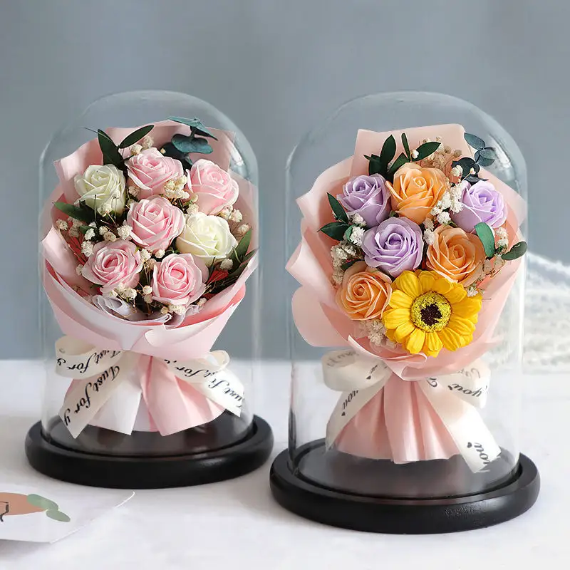 Wholesale soap rose flower sunflower dried bouquets in glass dome