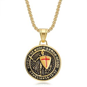 <b>Titanium</b> Steel Templar Knight Pendant Necklace Gold Plated Resin Shield Design Unisex Gift Fashion Jewelry - Product Image 5