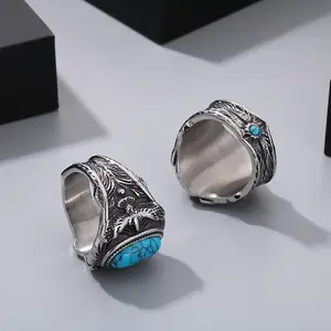 KALEN Bague unisexe de style néo-gothique en acier inoxydable et turquoise