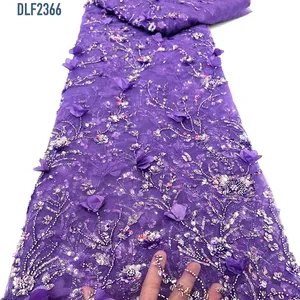 Long Lanh Nặng Màu Tím Ren Sequin Vải Cho Phù Dâu Ăn Mặc Telas Para Vestidos Lưới Vải Tuyn 3D Hoa Bạc Sequin Ren Vải
