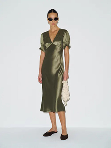 Olive Green Satin Midi Dress - Vintage Style, Sleeveless