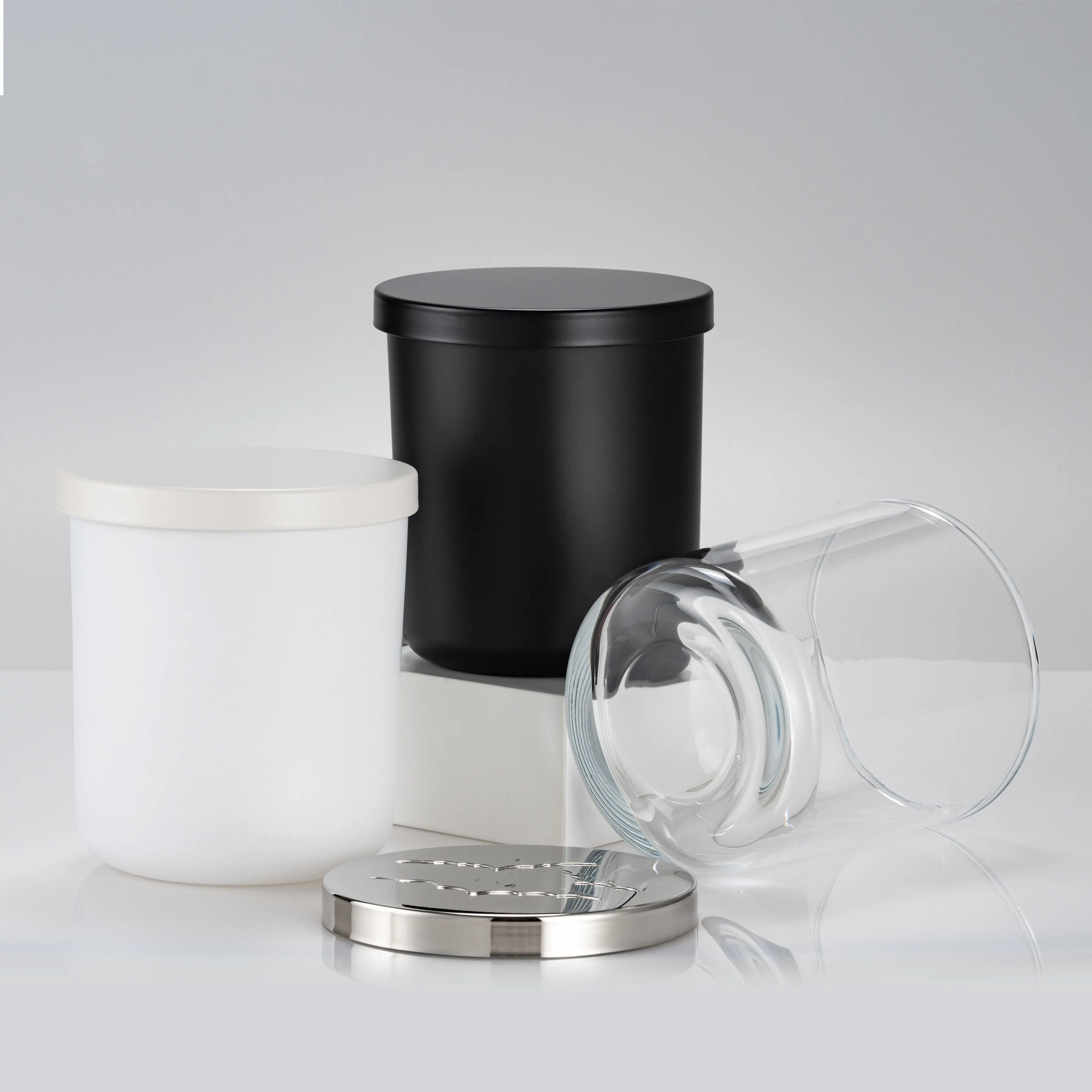 Cambridge Style 12.5oz Clear White Black Glass Candle Jar Cylinder Design with Metal Lid for Home Decoration for Candle Making