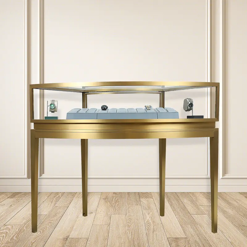 Alta qualidade ouro metal jóias Showcases Glass Display Table Com luz led Relógio personalizado Retail Store exibir contador design