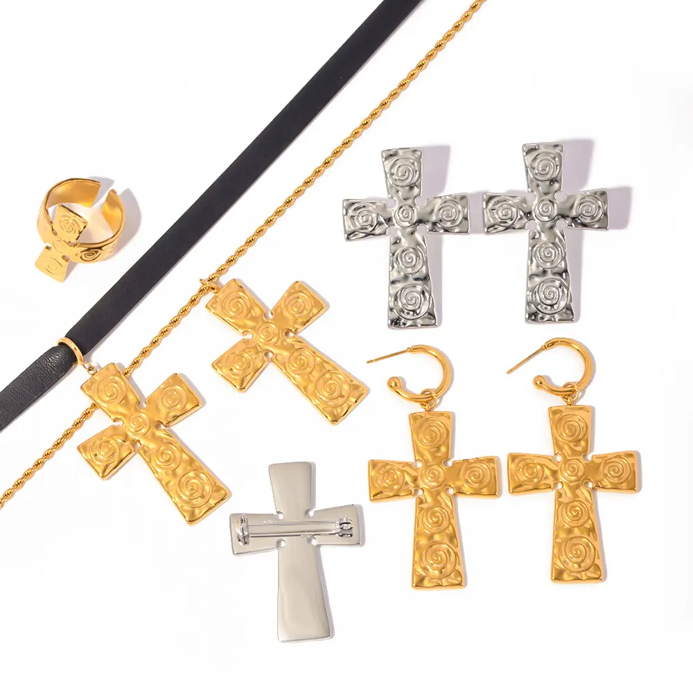 Waterproof 18k Pvd Gold Stainless Steel Cross Black Cord Snail Texture Cross Necklace Ring Earring