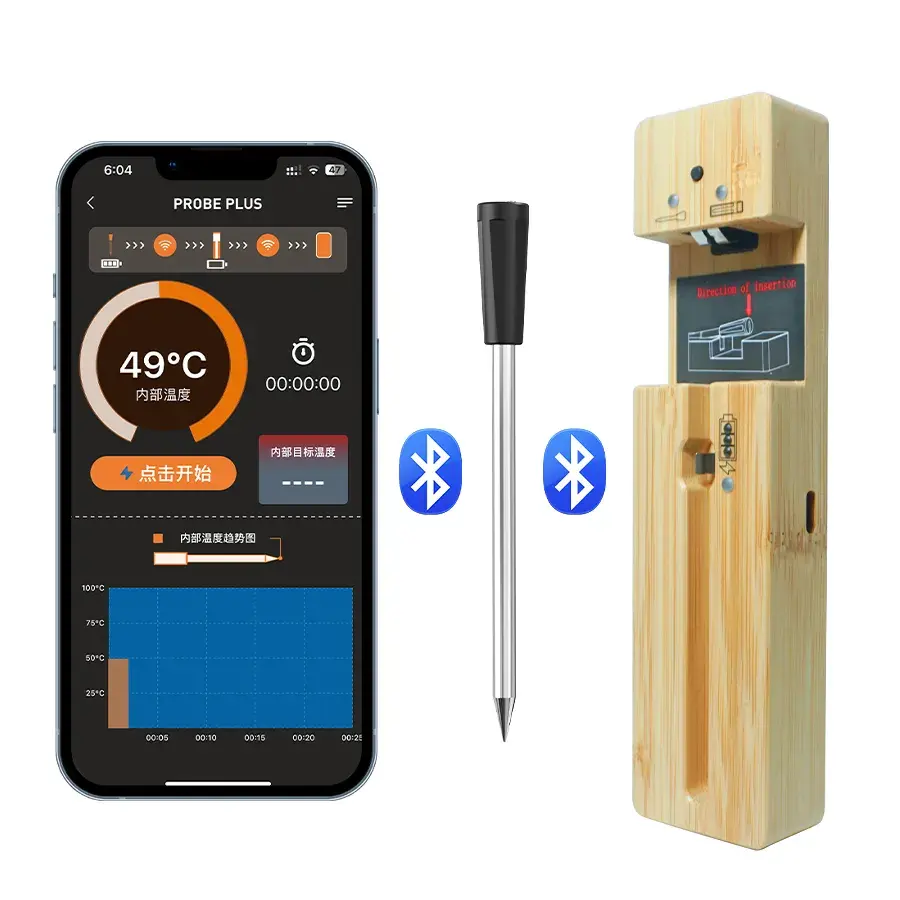 Sonde de thermomètre de mesure de température de BBQ de nourriture de cuisine de viande sans fil intelligente de bambou pour le gril de charbon de bois de Kamado FM212