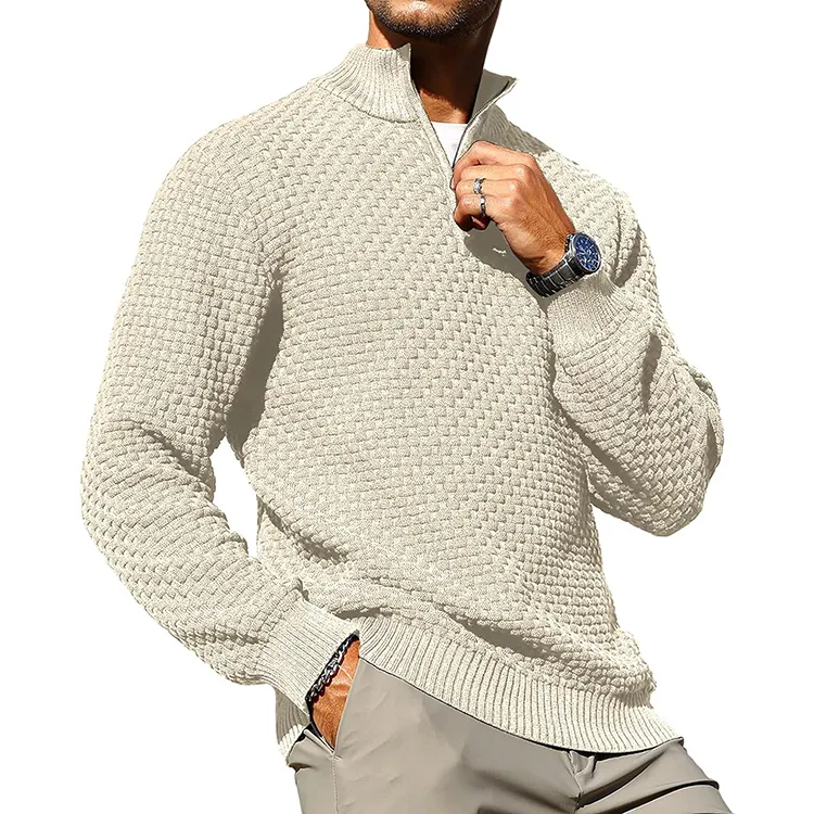 Blusa com zíper para homens de algodão personalizado, pulôver com zíper, gola alta e malha, suéter masculino