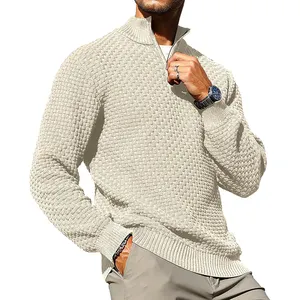 Custom Cotton Men's Quarter-Zip Sweater Zip Up Pullover Cable Knit Turtleneck Knitwear Male Sweater