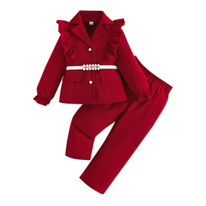 Conjunto de Tres Piezas para Niñas y Bebés, Otoño-Invierno, Chaqueta y Pantalones con Cinturón Blanco y Volantes, Color Rosa <span class=keywords><strong>Vino</strong></span> Tinto - Product Image 1