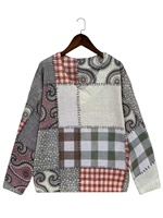 Pull tricoté patchwork pour femme 2026, imprimé vintage Paisley à carreaux, col en V, manches longues, 100 % polyester, motif numérique