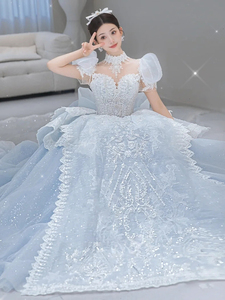 AL1353 2025 Gaun Pengantin Mewah Biru untuk Pengantin Baru Gaya Putri Prancis dengan Tekstur Berkualitas Tinggi, Gaun Bola Kristal, Dekorasi Ruffle - Product Image 4